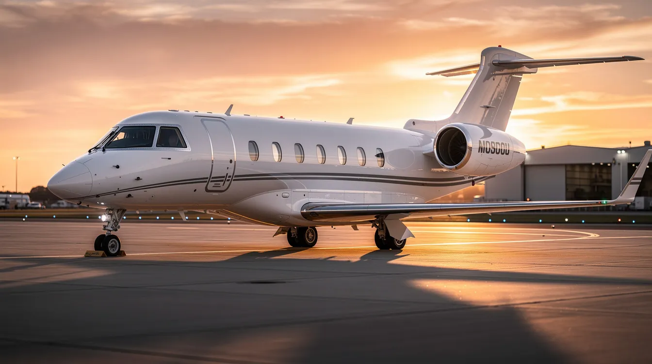 A modern private jet is parked on the tarmac of an executive airport, bathed in the warm hues of sunset. This business aircraft represents an attractive option for companies seeking to lease aircraft for operational control and personal use, highlighting the benefits of aircraft ownership and leasing arrangements.