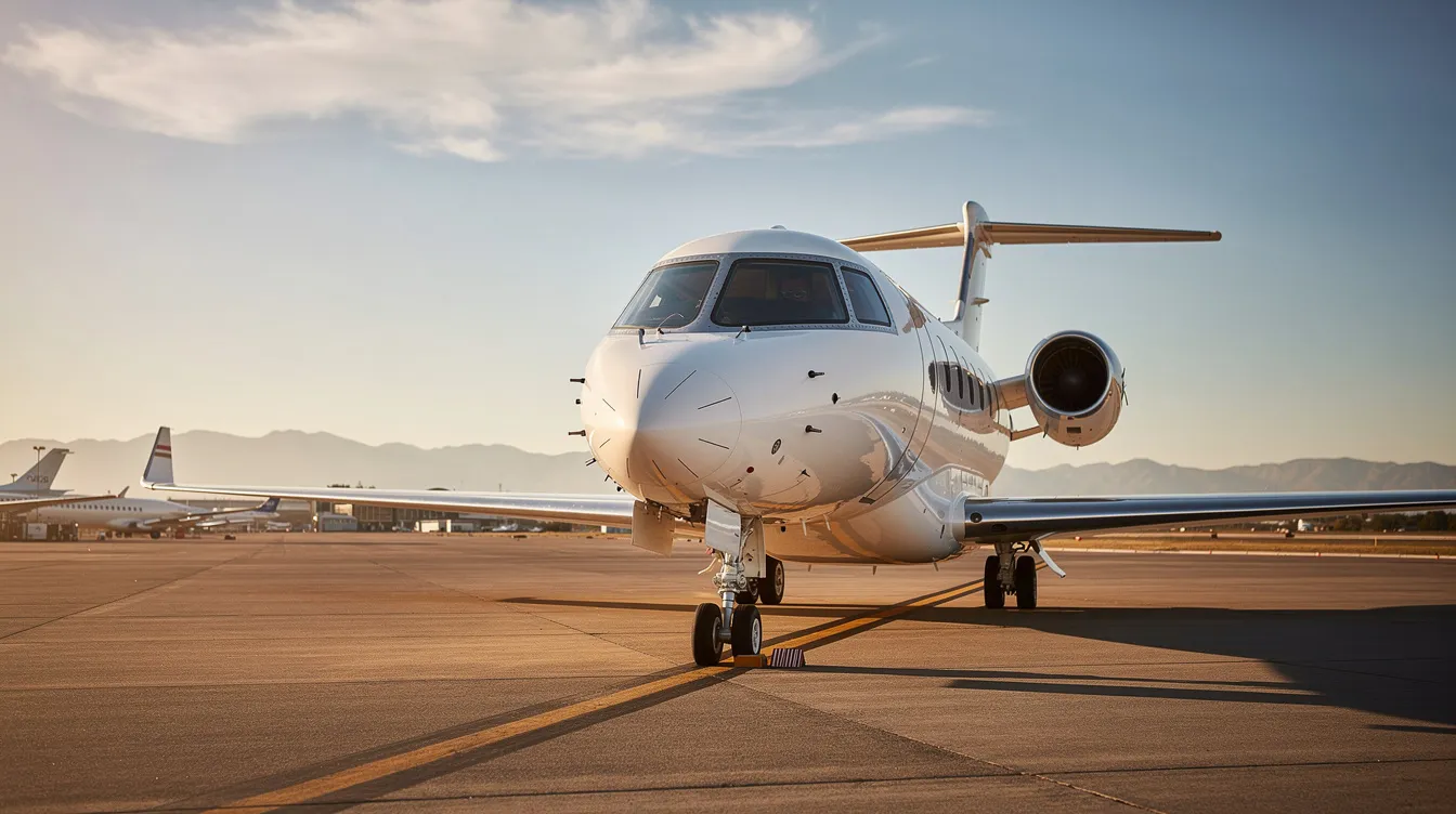 The image depicts a sleek private jet parked on the tarmac, showcasing its modern design and luxurious features, which make it an attractive option for business and personal use. This aircraft represents a valuable asset for companies looking to enhance their operational control and cash flow through various lease arrangements.