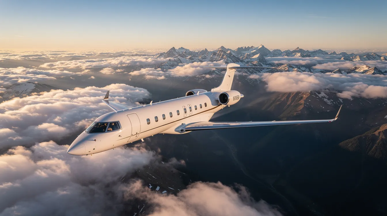 A modern light jet aircraft soars above a sea of fluffy white clouds, with a stunning mountain landscape visible below. This image captures the essence of private aircraft travel, showcasing the freedom and beauty of aviation.