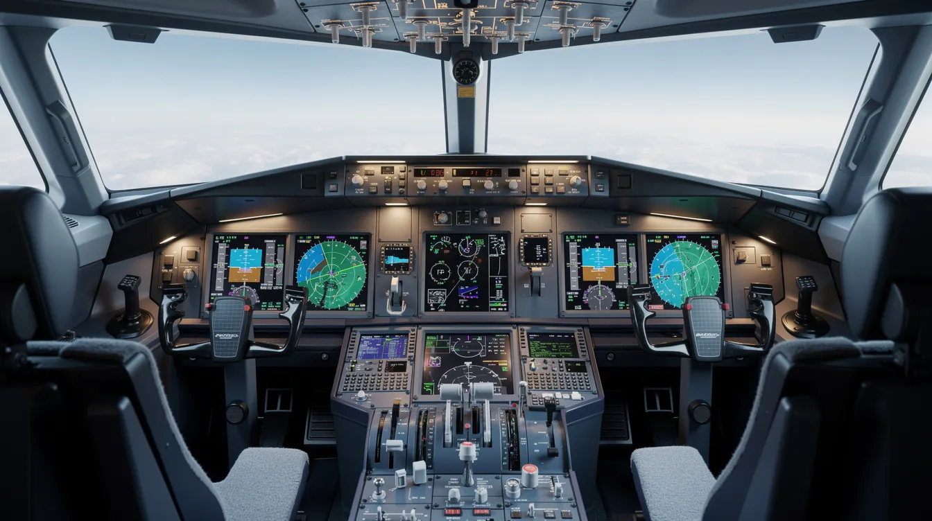 The image depicts a modern aircraft cockpit featuring advanced avionics displays and various controls, showcasing the high-tech environment pilots operate in. This sophisticated setup is essential for aircraft financing decisions, particularly for private and business aircraft purchases, where understanding the cockpit's capabilities can influence the financing process.