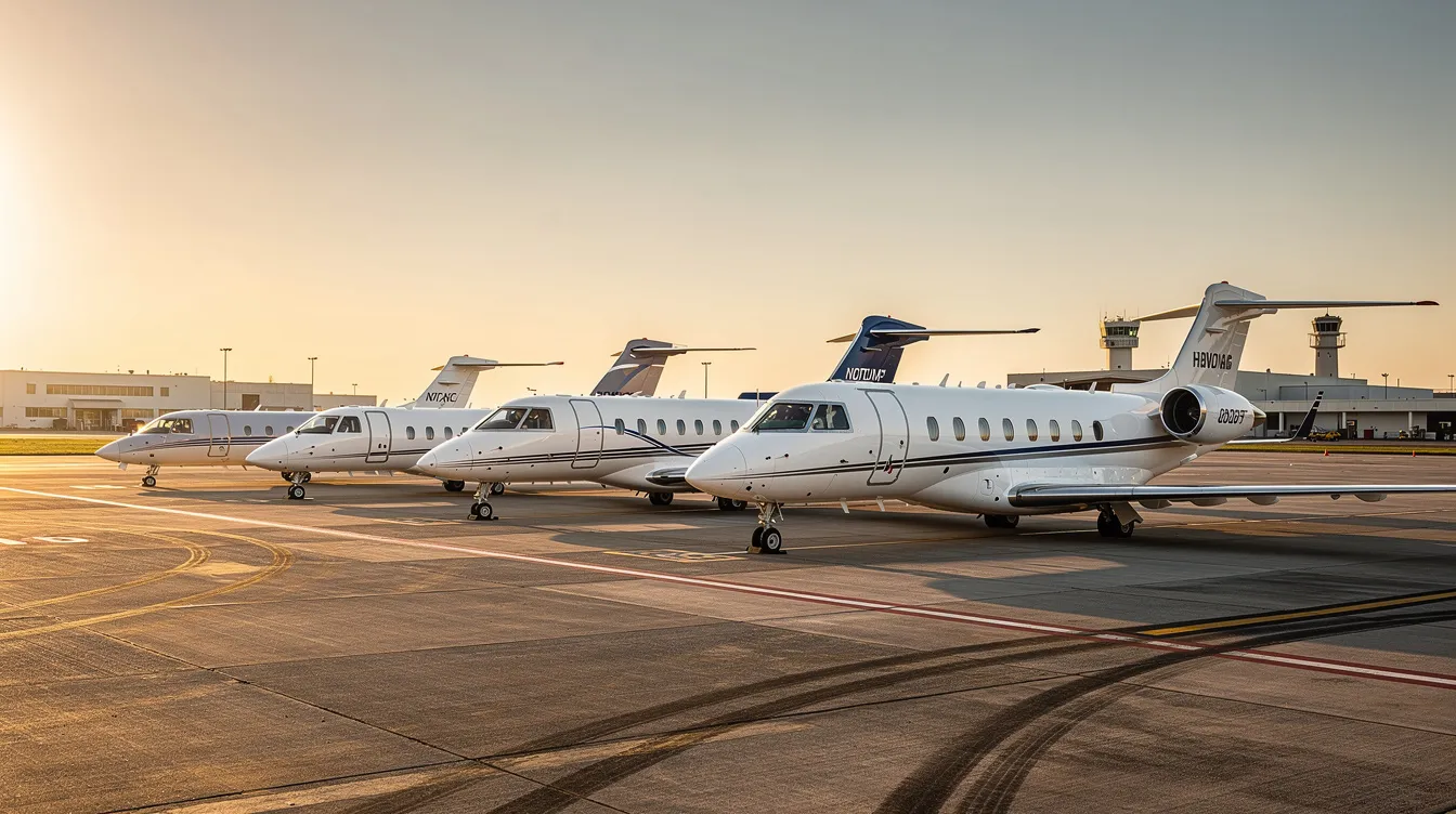 The image features a diverse range of business aircraft lined up on an airport ramp, showcasing various models from light jets to large cabin jets. This lineup highlights the premier choice for discerning travelers seeking personalized services for private flights and charter options.