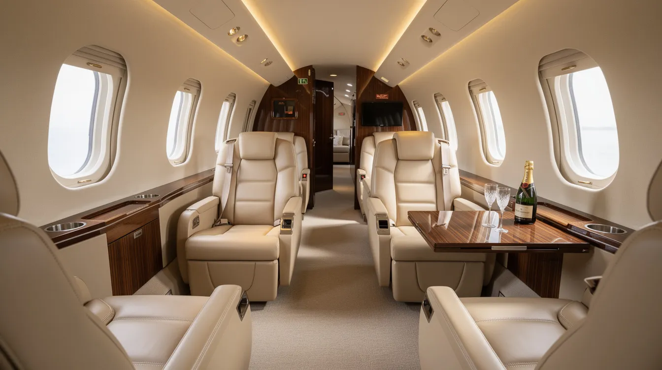 The image showcases the opulent interior of a private jet cabin, featuring plush leather seats and elegant wood finishes, designed for discerning travelers seeking comfort during their flights. This luxurious space exemplifies the best aircraft amenities available for private flights, ensuring a personalized experience for passengers.
