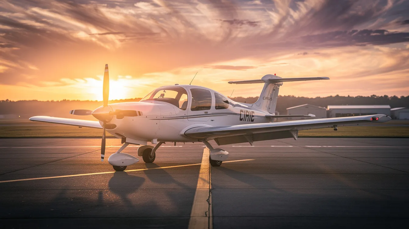 A Cirrus aircraft is parked on a runway at sunset, showcasing its sleek design and advanced avionics. This technologically advanced aircraft is ideal for private flight and charter services, offering an impressive range for cross country trips.