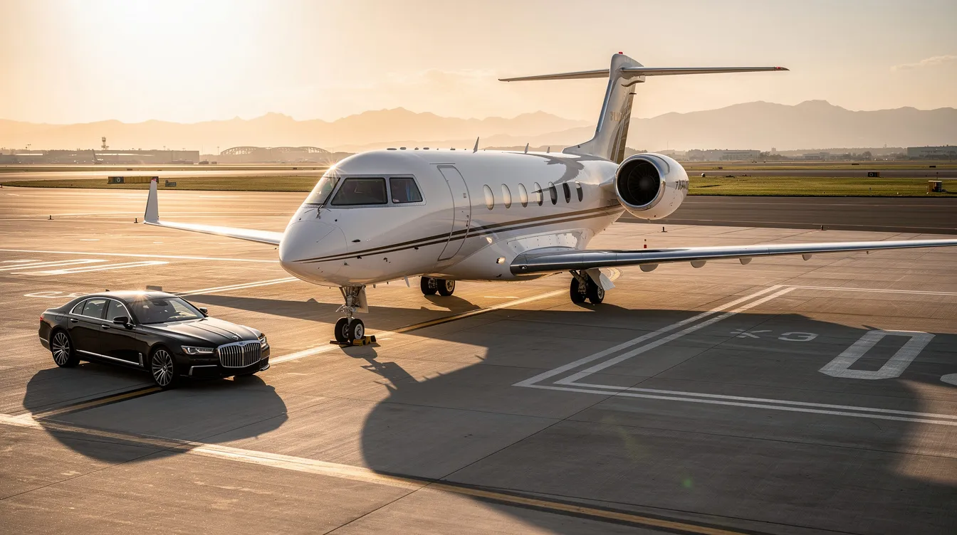 The image features a luxurious private jet parked at an airport, showcasing its sleek design and advanced avionics. This technologically advanced aircraft offers seamless private flight booking for business charter flights and personal service, ideal for cross country trips or on-demand charter flights.