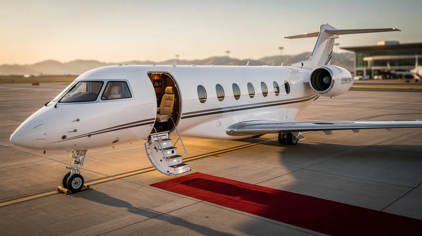The image depicts a sleek private jet, a type of fixed wing aircraft designed for luxury travel, showcasing its modern design and jet engine. This private jet is parked on a tarmac, emphasizing its role in general aviation and recreational flying for affluent travelers.