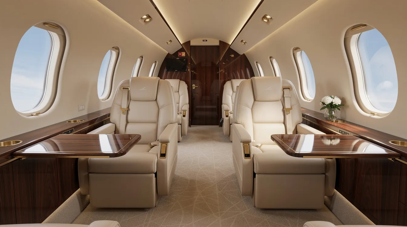 The image depicts a luxurious private jet cabin interior, featuring plush leather seats and elegant wood accents, designed for comfort and style in private aviation. This sophisticated space exemplifies modern aircraft design, catering to the needs of affluent travelers.