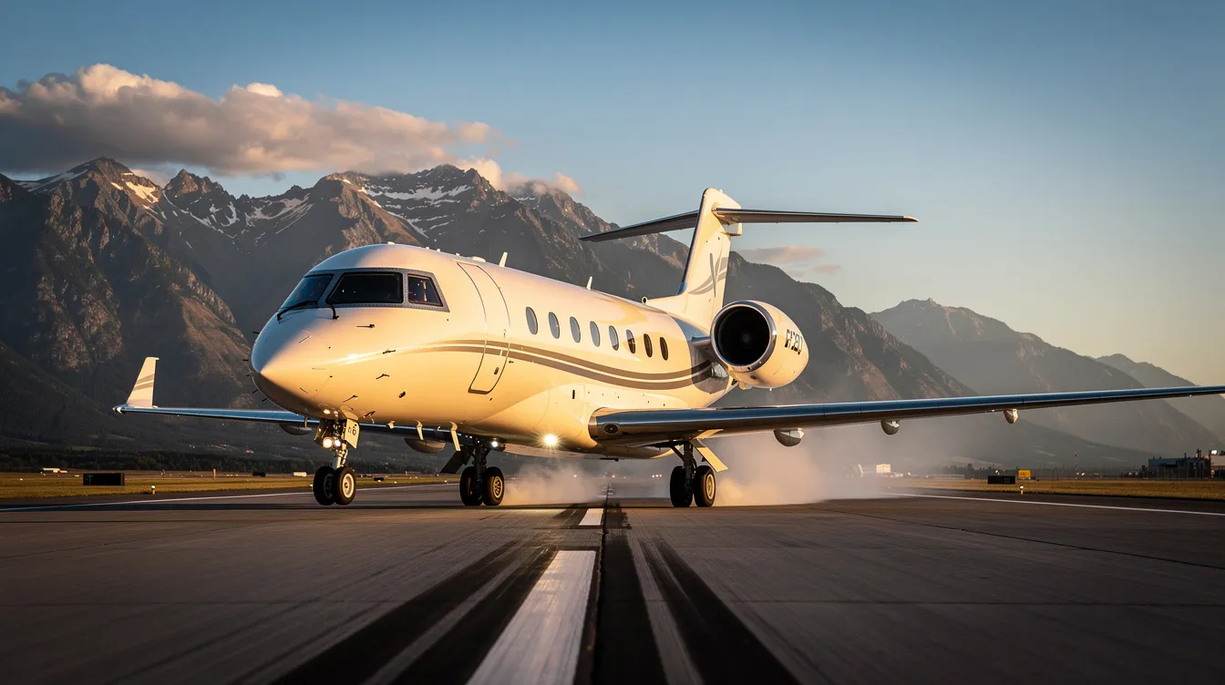 A sleek private jet is landing on a runway, with majestic mountains rising in the background, showcasing the beauty of aviation and aircraft design. This scene captures the elegance of a beautiful model, appealing to aviation enthusiasts and collectors alike.