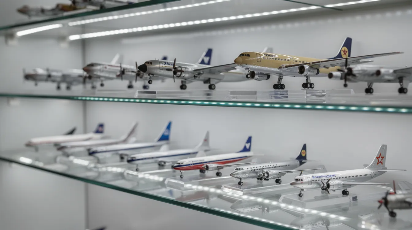 A stunning collection of detailed die-cast airplane models, including various aircraft like Cessna, is elegantly displayed on glass shelves illuminated by LED lighting, showcasing the expertise and dedication of the airplane shop to provide beautiful models for collectors and aviation enthusiasts.