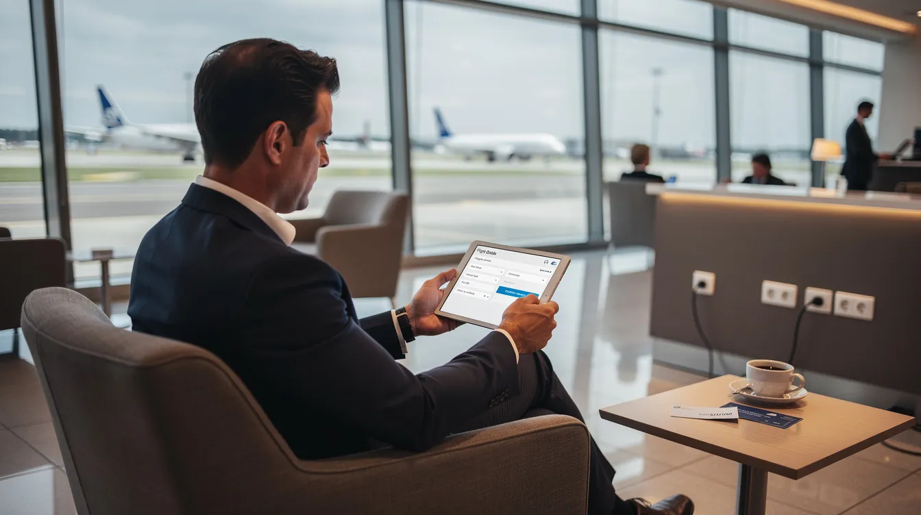A business traveler sits comfortably in an airport lounge, using a tablet to manage their flight booking, likely searching for private jet charter options to enhance their travel experience. The scene reflects the convenience of private aviation, as they navigate through flight details and available aircraft for their next trip.