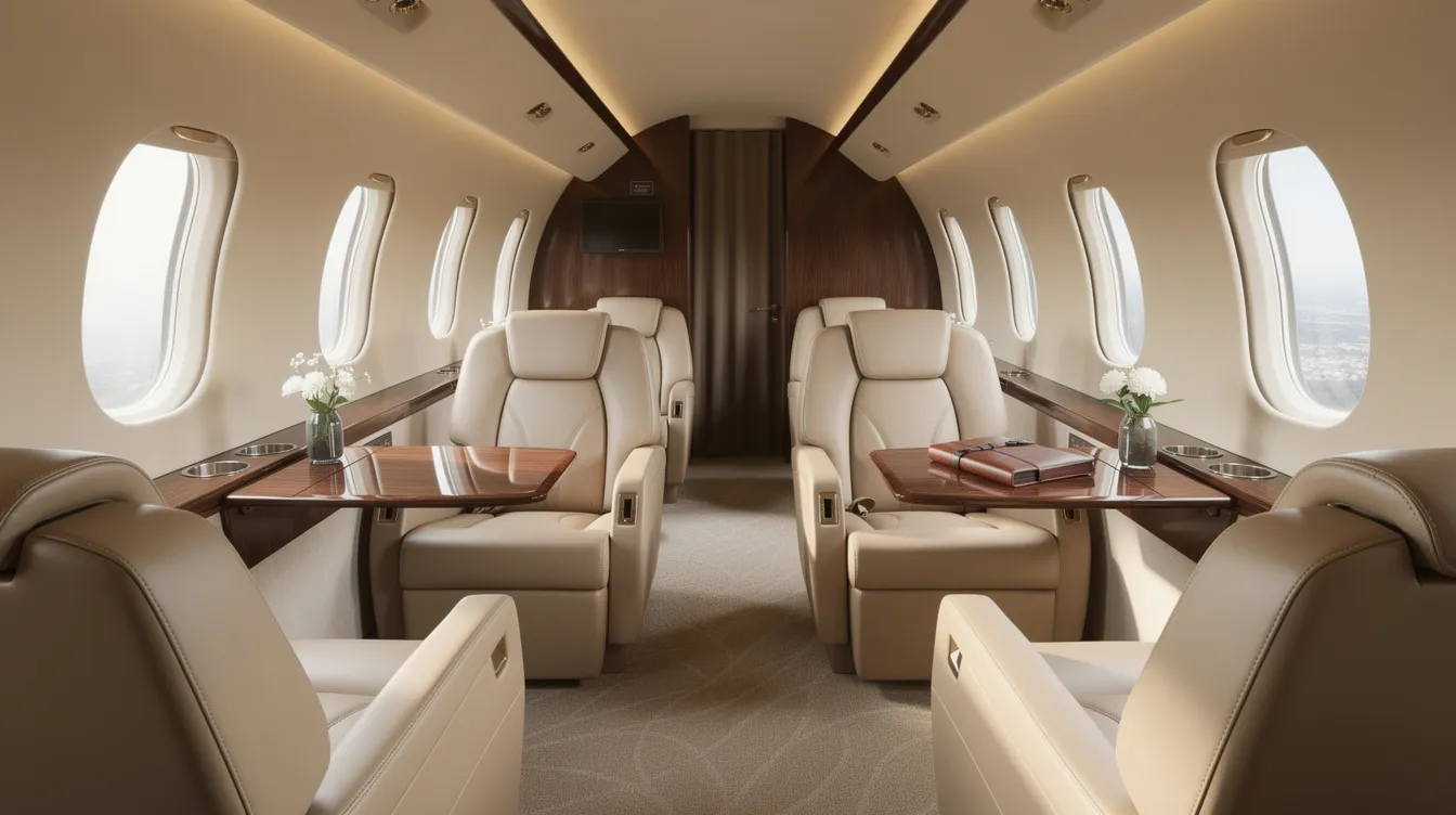 The image showcases the luxurious interior of a midsize private jet, featuring plush leather club seating and elegant wood grain tables, perfect for private jet travelers seeking comfort and style during their flight experience. This setting exemplifies the sophistication of private aviation, ideal for charter flights and business aviation.