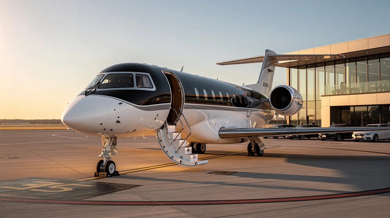 A modern private jet is parked at a private terminal, with its stairs extended for passengers to board. This luxurious private aircraft offers a convenient and personalized travel experience, ideal for those looking to fly private for their next trip.
