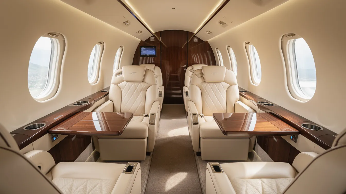 The image depicts a luxurious private jet interior featuring cream leather seats complemented by elegant wood accents, designed for comfort and style. This private aircraft provides an ideal space for passengers to relax and enjoy their journey, highlighting the benefits of flying private for both business and leisure travel.