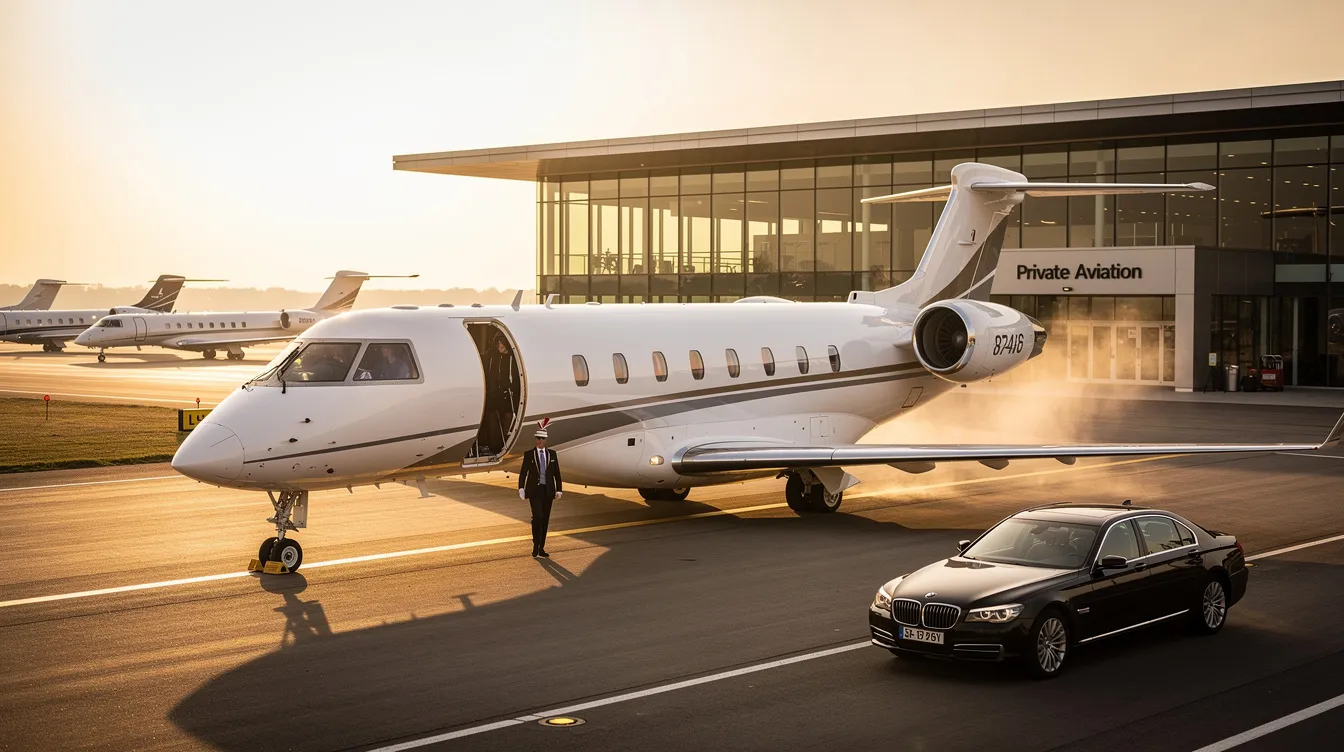 The image showcases a luxurious private jet parked at the North Las Vegas Airport, with the vibrant Las Vegas Strip visible in the background, highlighting the convenience and premium experience of private jet charter flights in the entertainment capital of the world. This setting emphasizes the seamless travel experience that private aviation offers, away from crowded terminals and long security lines.