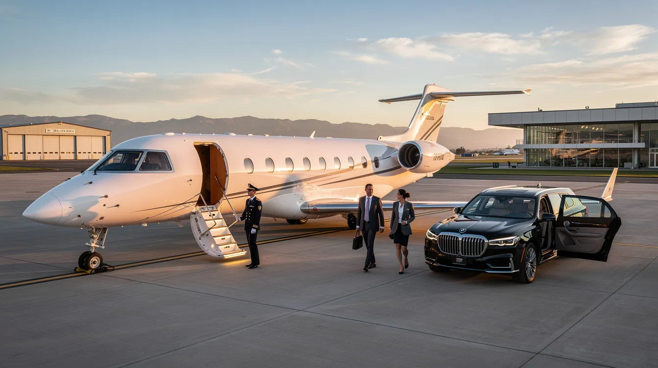 The image showcases a luxurious private jet parked at the North Las Vegas Airport, with the vibrant Las Vegas Strip visible in the background, highlighting the convenience and premium experience of private jet charter flights in the entertainment capital of the world. This setting emphasizes the seamless travel experience that private aviation offers, away from crowded terminals and long security lines.