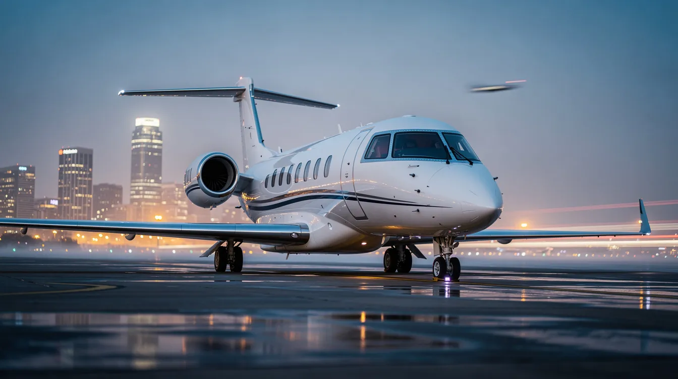 A sleek modern private jet is parked on the airport tarmac at dusk, with a backdrop of twinkling city lights. The aircraft, in good condition, showcases a high-performance design, embodying the freedom and adventure of flight.