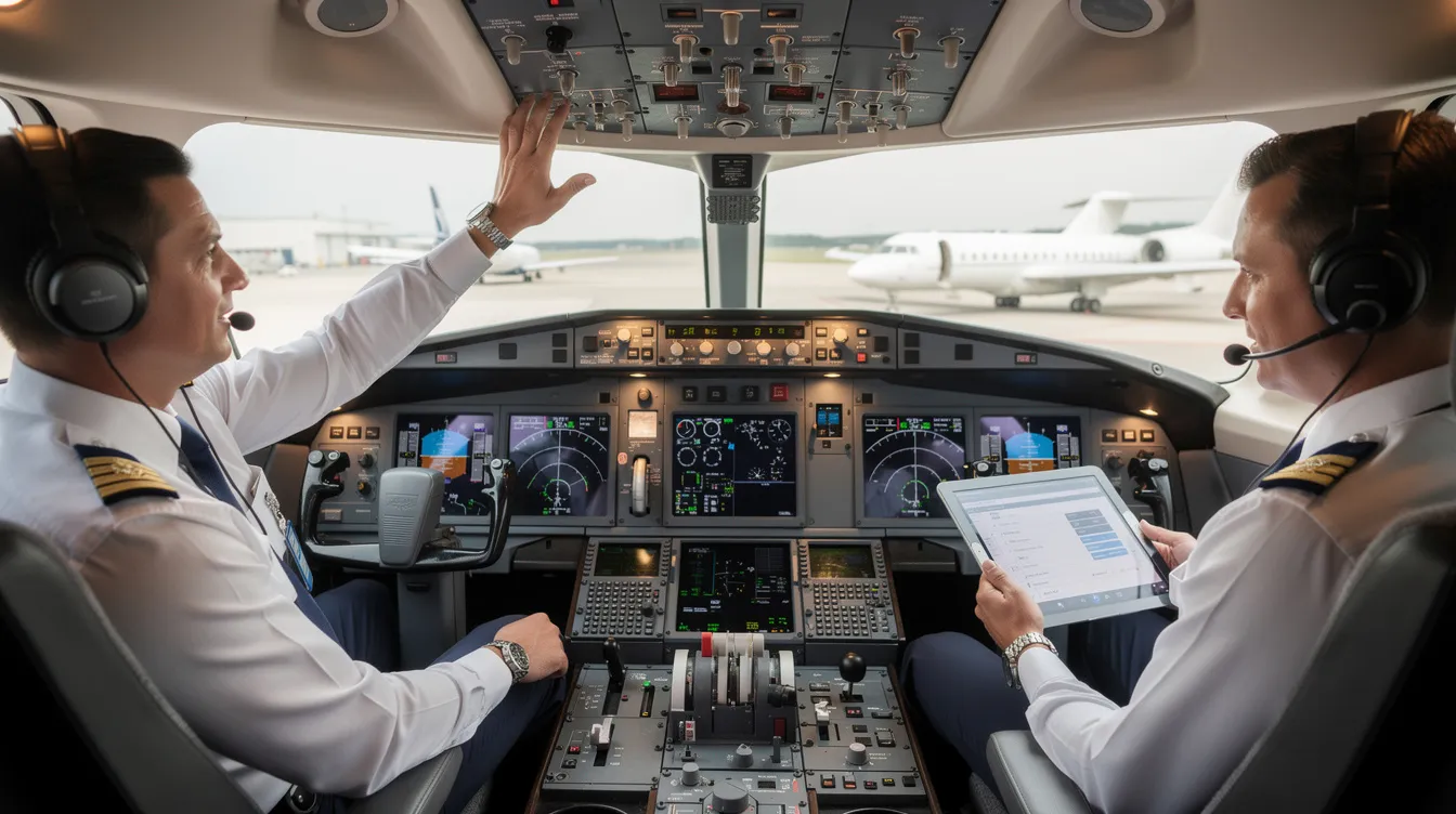 Two professional pilots are conducting a thorough pre-flight check in the cockpit of a modern private jet, ensuring all systems are operational and safety protocols are followed. The sleek design and advanced technology of the aircraft highlight its high performance capabilities, essential for both flight training and recreational flying.
