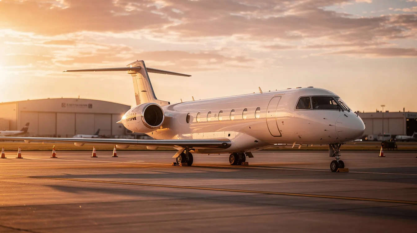 A private jet aircraft is parked on the tarmac of an airport during the golden hour, casting warm light over the scene. This image captures the essence of private aviation, highlighting the luxurious travel experience that Kansas City private jet charters offer.