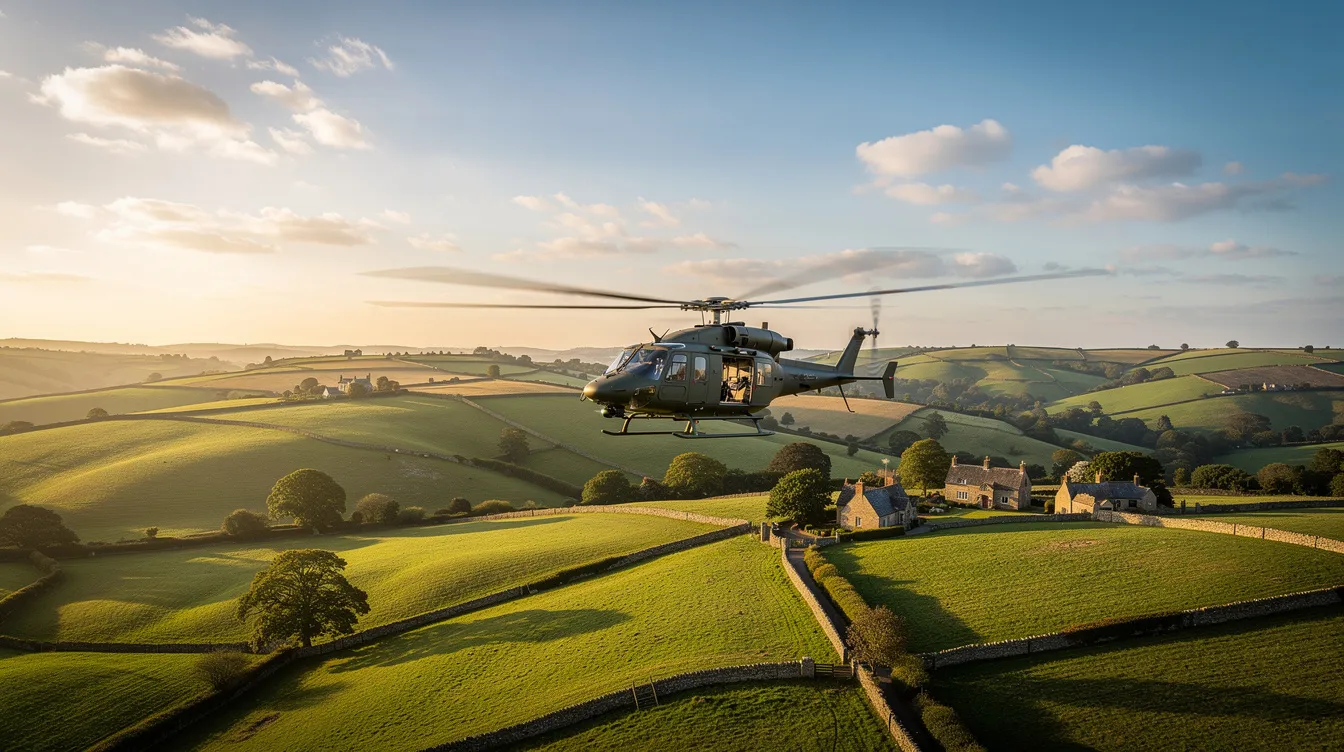 A modern helicopter is soaring through the sky above the picturesque rolling hills of England, showcasing the beauty of the aviation industry. This flight exemplifies the efficiency and versatility of light aircraft, appealing to both aviation professionals and buyers interested in aircraft sales.