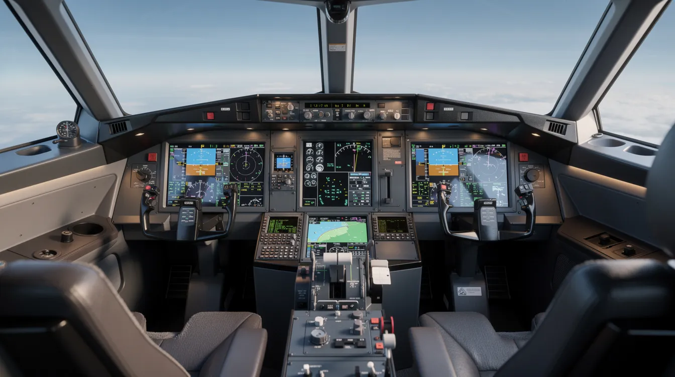 The image shows the interior of a modern aircraft cockpit, featuring advanced glass display screens that provide crucial flight data. This high-tech environment is essential for aviation professionals and is indicative of the latest trends in the aviation industry.