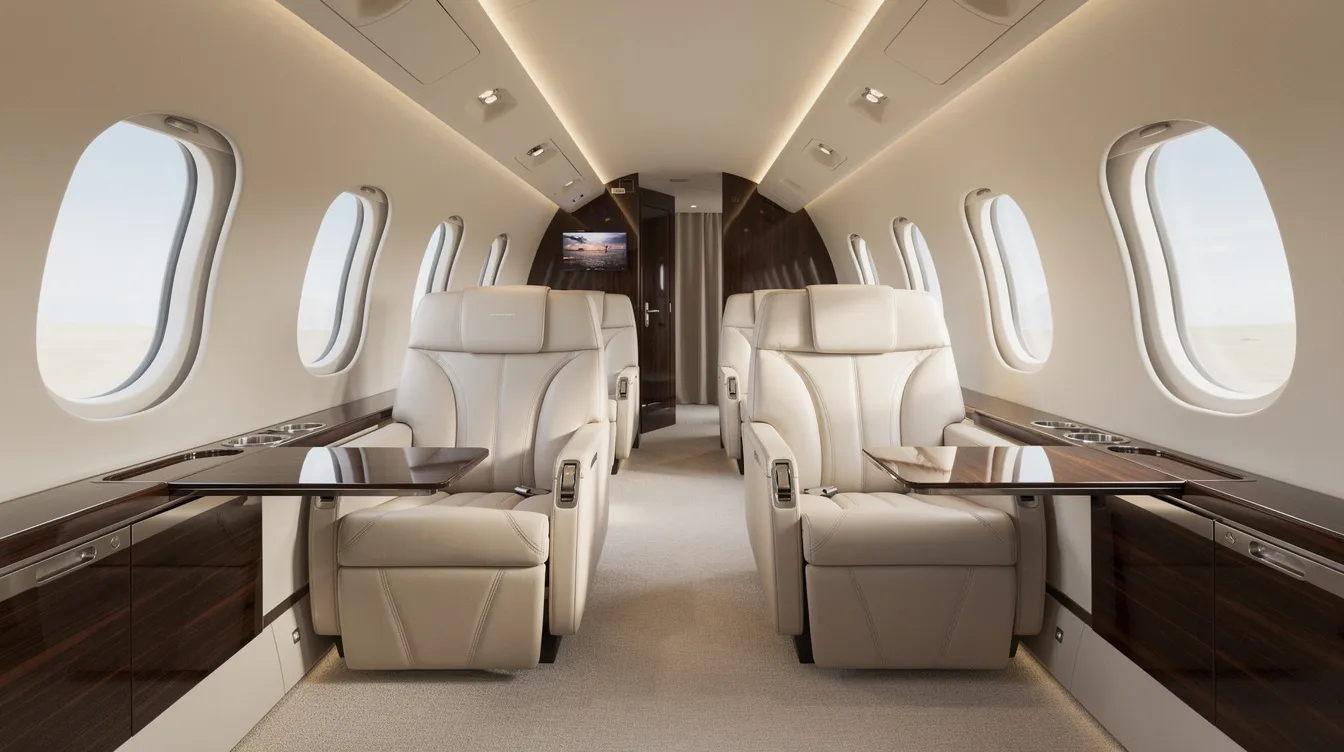 The image depicts the interior of a modern private jet cabin featuring plush cream leather seats and elegant wood accents, showcasing the luxury and comfort associated with private jet travel. This sophisticated environment is designed for private aircraft travelers seeking an exclusive and relaxing flying experience.