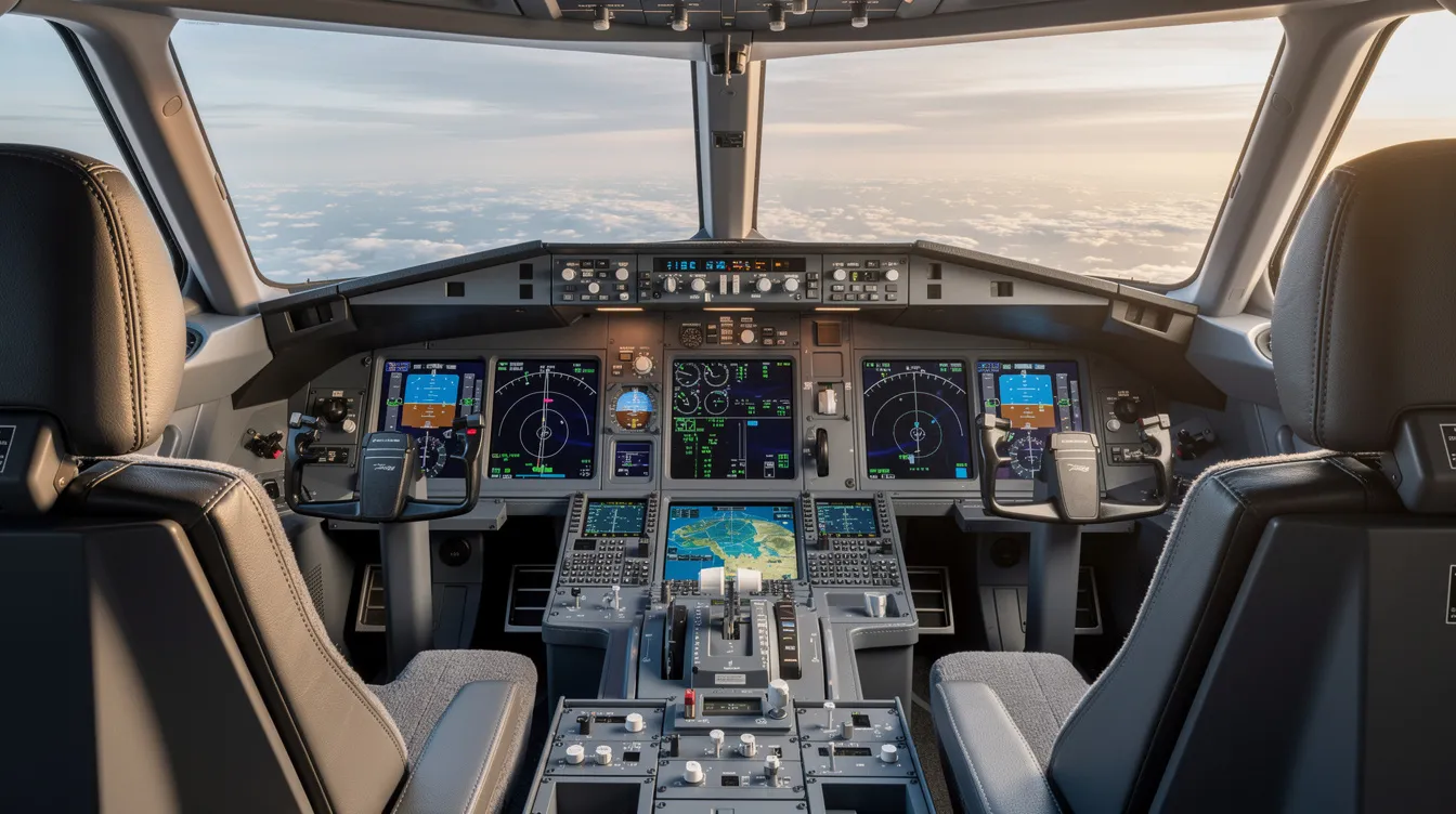The image depicts a modern aircraft cockpit featuring advanced digital avionics and navigation screens, showcasing the high-tech environment that private jet travelers experience during their flights. This sophisticated setup highlights the luxurious and efficient nature of private aviation, ideal for charter flights and business aviation needs.