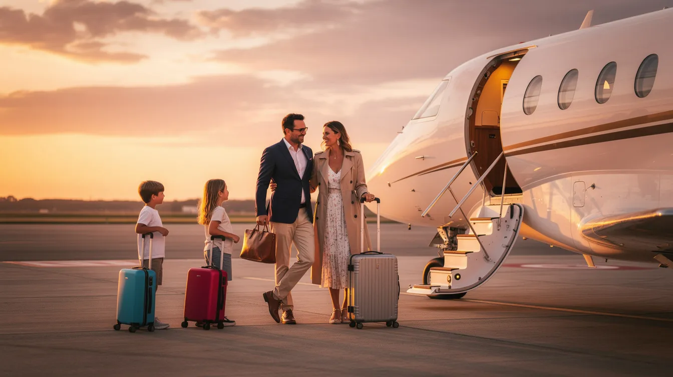 A family is boarding a private aircraft at sunset, surrounded by their luggage, highlighting the convenience and luxury of private jet travel. The scene captures the essence of private aviation, offering an exclusive and efficient travel experience away from long security lines typical of commercial airlines.