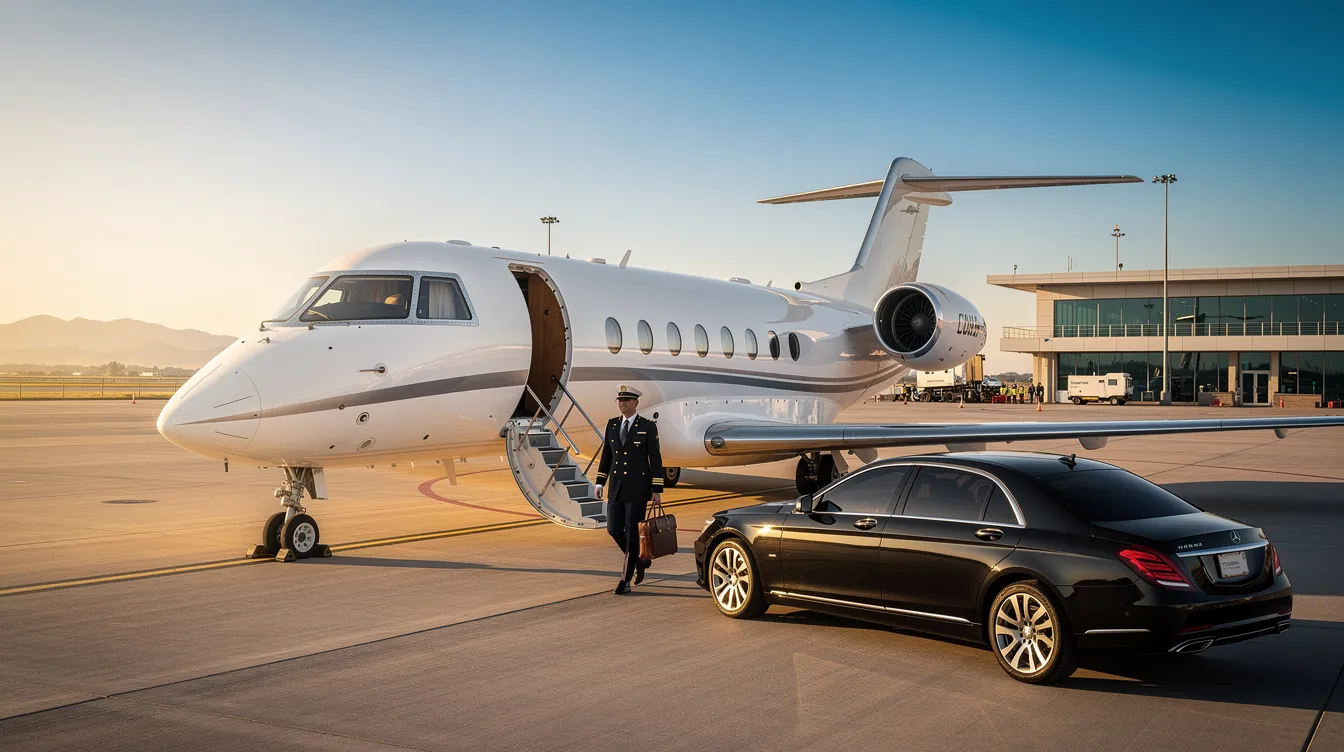 The image depicts a sleek private jet parked on a tarmac, symbolizing the luxury and convenience of private aviation. This private jet, part of a diverse fleet, represents the ideal choice for private jet travelers seeking charter flights with flexible scheduling and exclusive access to more airports.