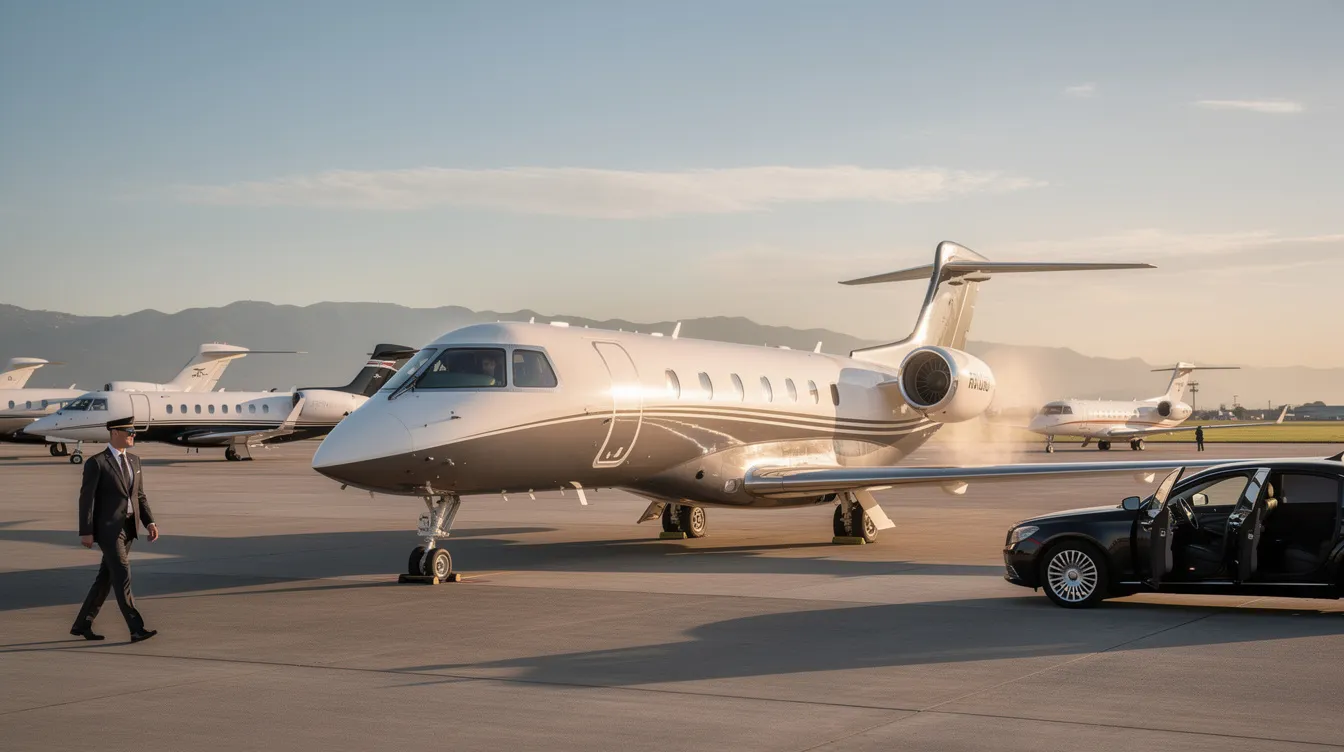 The image depicts a sleek private jet parked on a tarmac, symbolizing the luxury and convenience of private aviation. This private jet, part of a diverse fleet, represents the ideal choice for private jet travelers seeking charter flights with flexible scheduling and exclusive access to more airports.