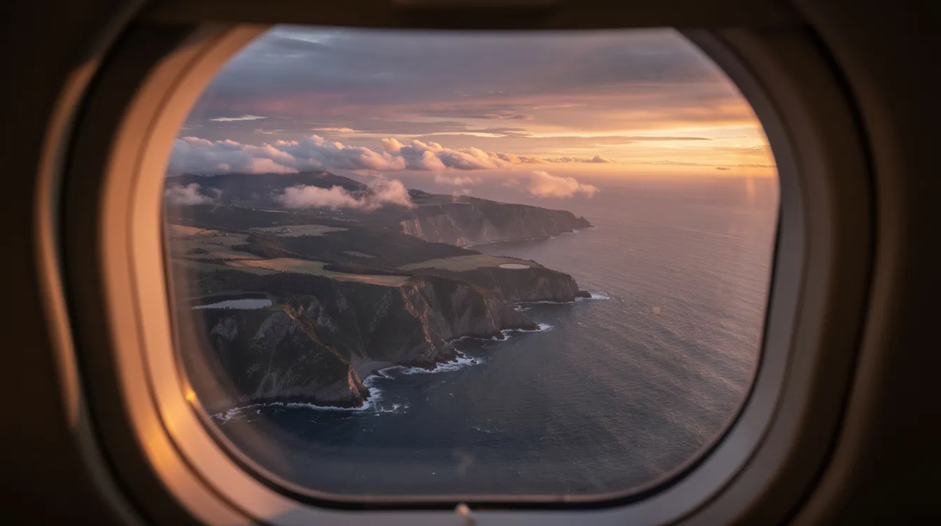 An aerial view from an aircraft window captures the stunning Canadian coastline bathed in the warm hues of sunset, showcasing the beauty of the landscape. This image reflects the luxury and convenience of flying private, highlighting the serene experience of private aviation as it provides exclusive access to breathtaking destinations.