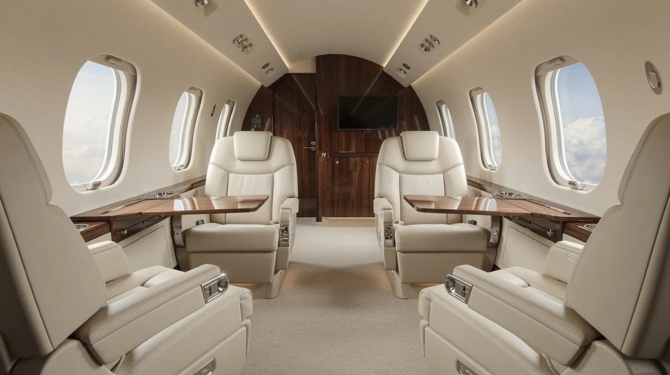 The image showcases the luxurious interior of a private jet, featuring plush leather seats and elegant wood accents that emphasize comfort and sophistication. This spacious cabin is designed for private aviation, offering an unparalleled travel experience for business or leisure.