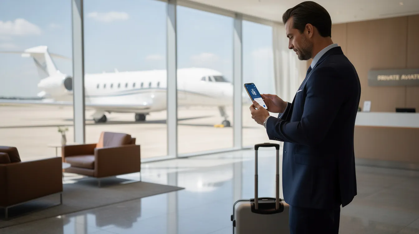 A business traveler is seen using a smartphone app at a modern private aviation terminal, likely arranging details for a private jet charter. The sleek environment reflects the luxury of private flight experiences, catering to the needs of private jet travelers.