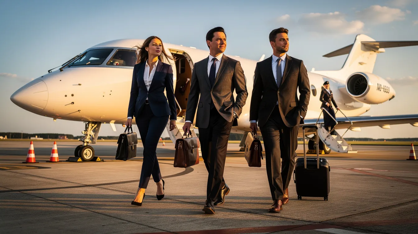 A group of business executives in tailored suits are boarding a private aircraft on the tarmac, ready for their private flight. This scene highlights the luxury and convenience of private jet travel, showcasing the ease of accessing charter flights without the hassles of commercial air travel.