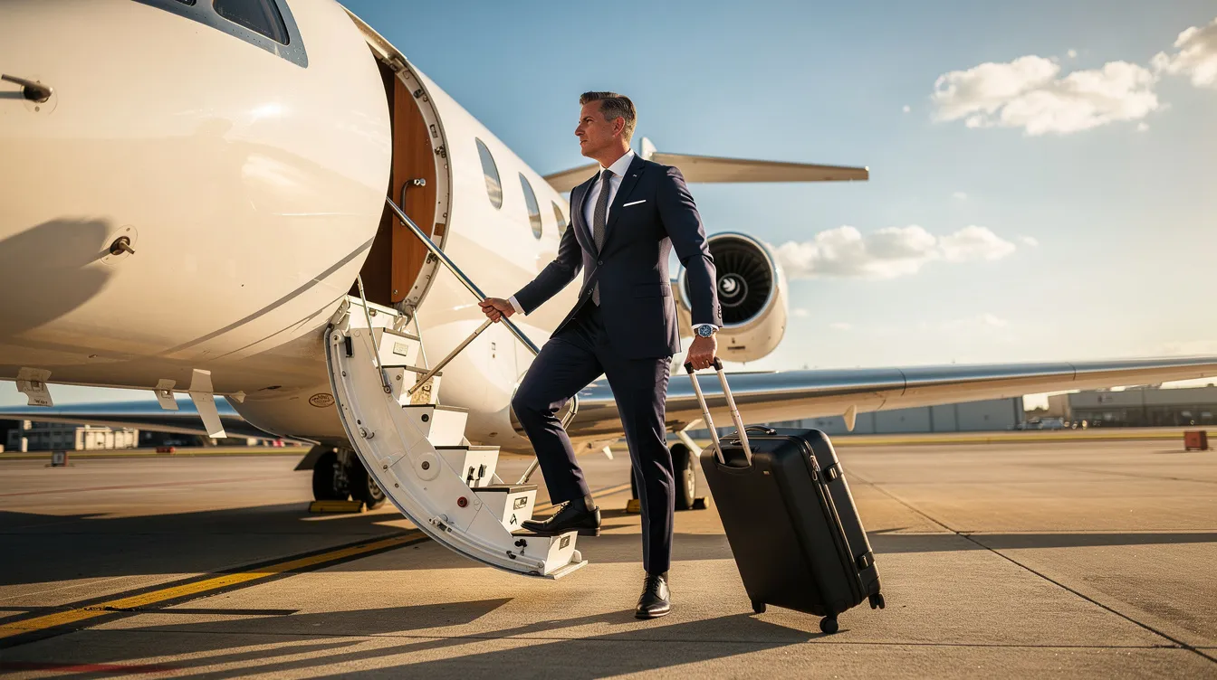 A business executive in a tailored suit is boarding a private jet on a sunny day, showcasing the luxury and convenience of private jet travel. This scene highlights the appeal of private jet charter services for business aviation and leisure travel, offering an efficient alternative to commercial flights.