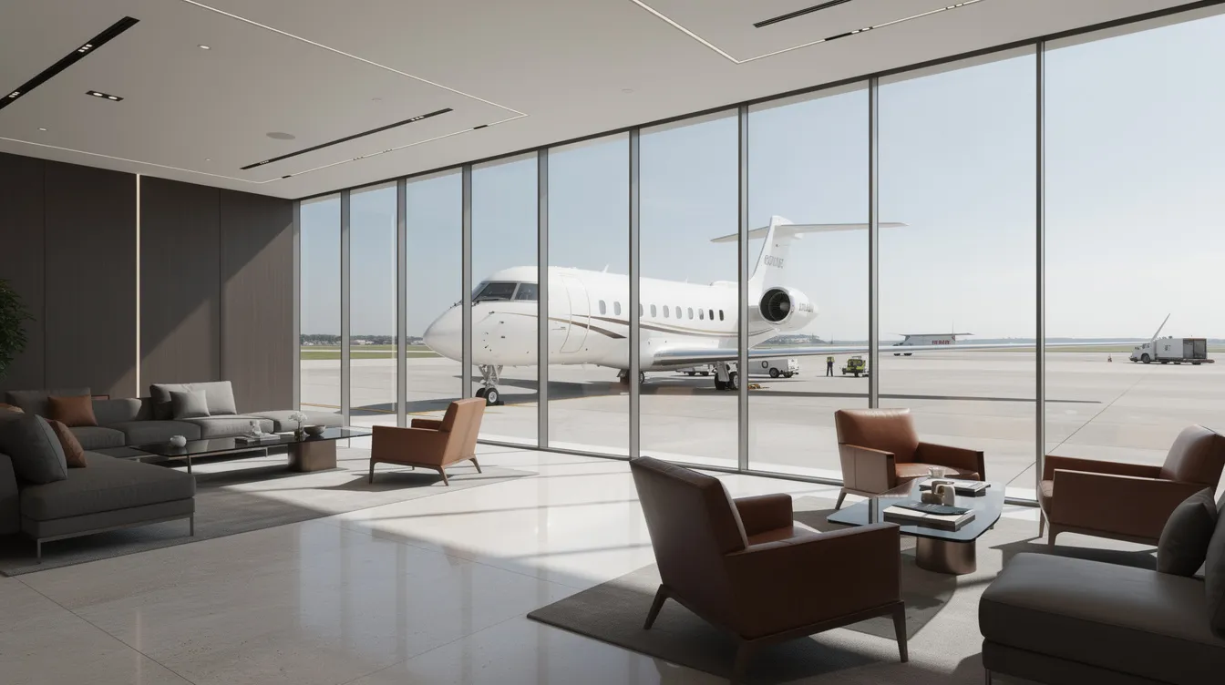 The image depicts a sleek private terminal interior featuring large glass windows that provide a view of a private jet parked on the tarmac. This luxurious setting emphasizes the convenience and elegance of private jet travel, ideal for private jet travelers seeking a comfortable and efficient charter service.