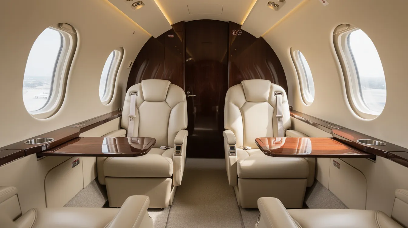 The image depicts the interior of a midsize jet cabin featuring cream leather seating and elegant wood accents, designed for luxury and comfort in private aviation. This inviting space is ideal for private jet travelers seeking a sophisticated environment for their journeys.