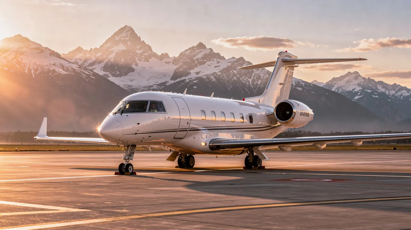 A sleek private jet is parked on a tarmac during golden hour, with majestic mountains in the background, highlighting the luxurious experience of private aviation. This setting is perfect for those looking to rent a plane for a week, offering exceptional customer service and premium amenities for up to four passengers.