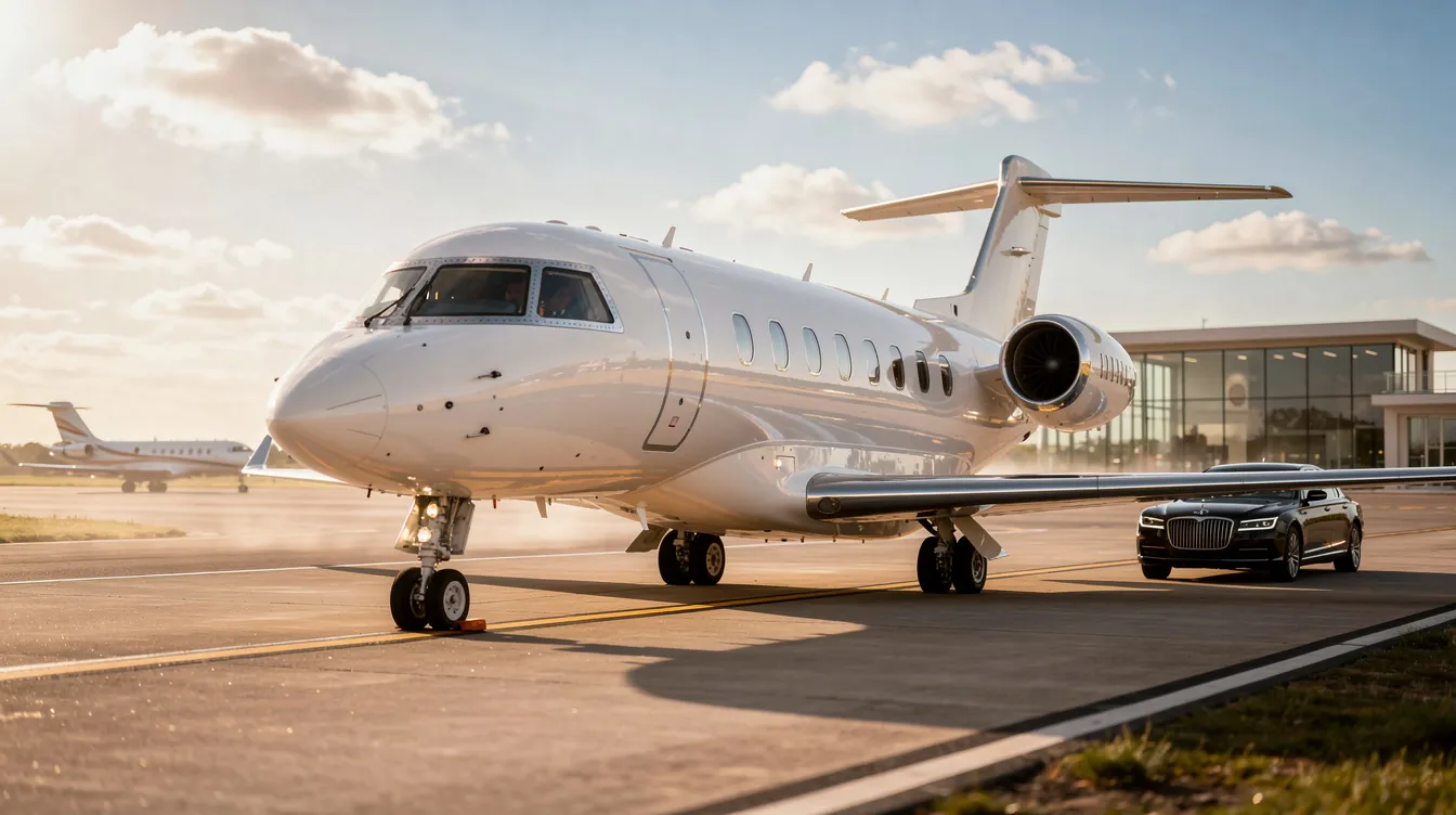 The image depicts a sleek private jet parked at a luxurious airport, showcasing its premium amenities and modern design, ideal for short flights or multi-day trips. Surrounding the aircraft are signs detailing rental agreements and flight operation details, emphasizing the exceptional customer service offered by the rental company for those looking to rent a plane for a week.