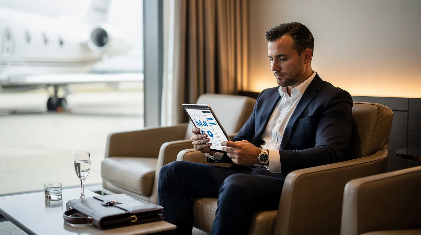 A business professional is seated in a modern private aviation lounge, intently reviewing flight details on a tablet, surrounded by sleek furnishings that reflect the luxury and convenience of private travel. The atmosphere suggests a seamless experience tailored to corporate travel needs, emphasizing the benefits of flying private with personalized service and access to a global network of destinations.