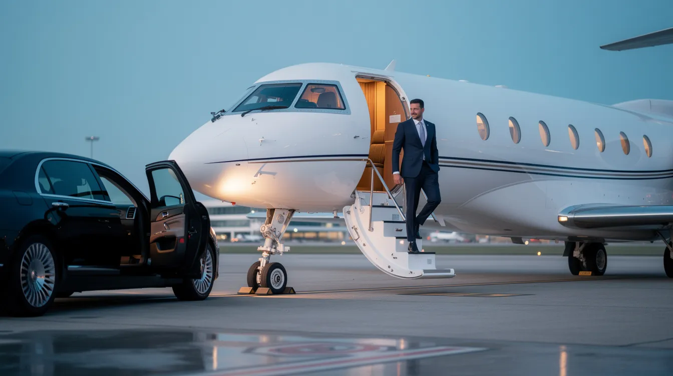 An executive private jet is parked on the tarmac, with a sleek town car visible nearby, highlighting the luxury and convenience of private aviation. This scene represents the seamless travel experience offered by private charters, catering to both corporate and leisure travel needs.
