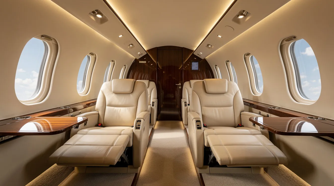 The image showcases a luxurious private jet interior featuring cream leather seats complemented by polished wood accents, highlighting the elegance and comfort of private aviation. This sophisticated space is designed for personalized service, ensuring an exceptional flying private experience for its passengers.