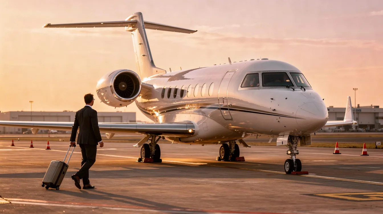 A modern private jet sits on the airport tarmac during golden hour, casting a warm glow, while an executive walks towards the aircraft, highlighting the luxury and convenience of private aviation. This scene exemplifies the seamless travel experience offered by private charters, catering to both business and leisure travel needs.