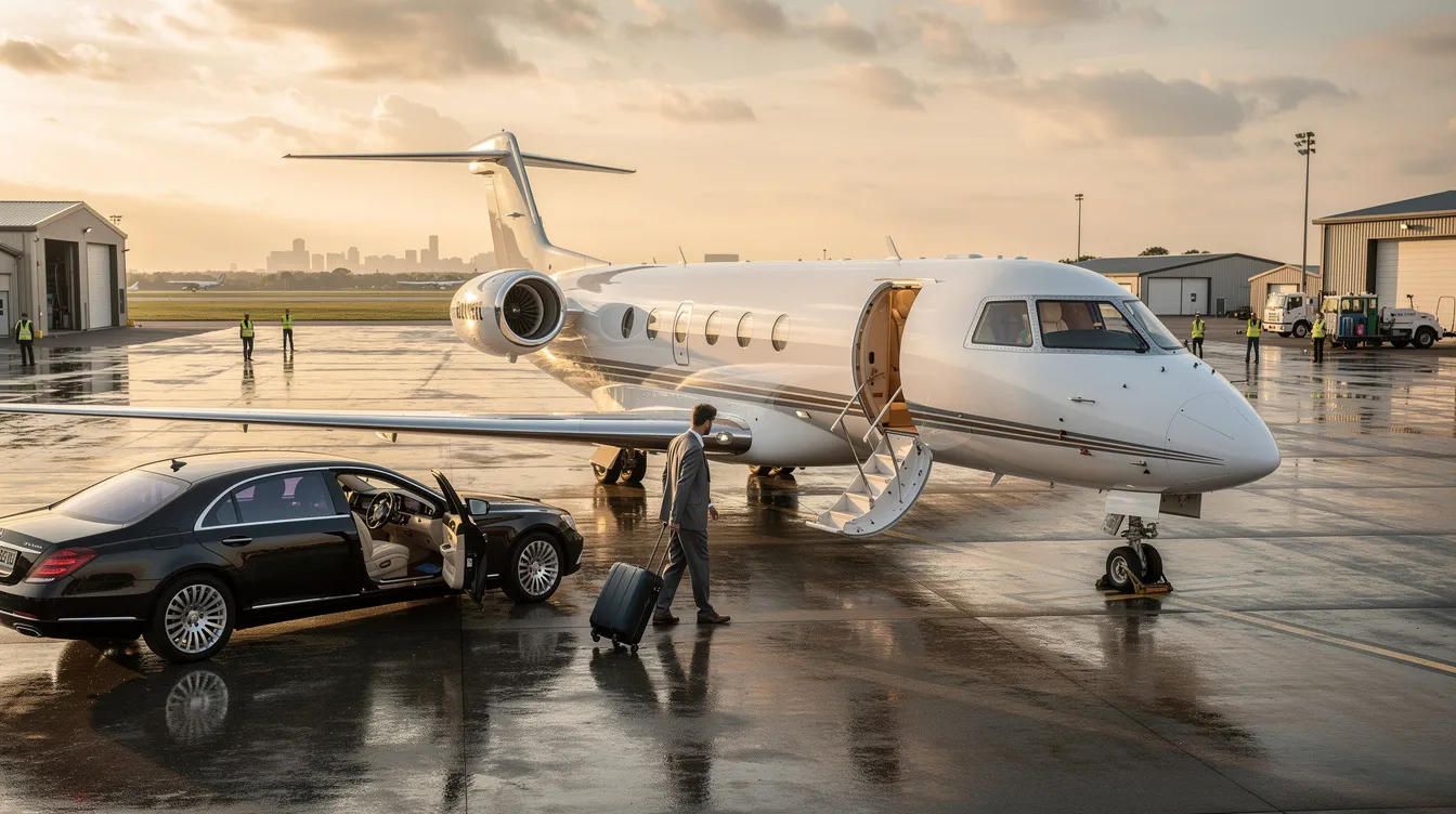 The image showcases a luxurious private jet interior featuring spacious cabins with lie flat beds, including a dedicated bedroom suite with a private bathroom, ideal for long haul flights. The elegant design offers a comfortable environment for passengers to relax and arrive refreshed at their destination.