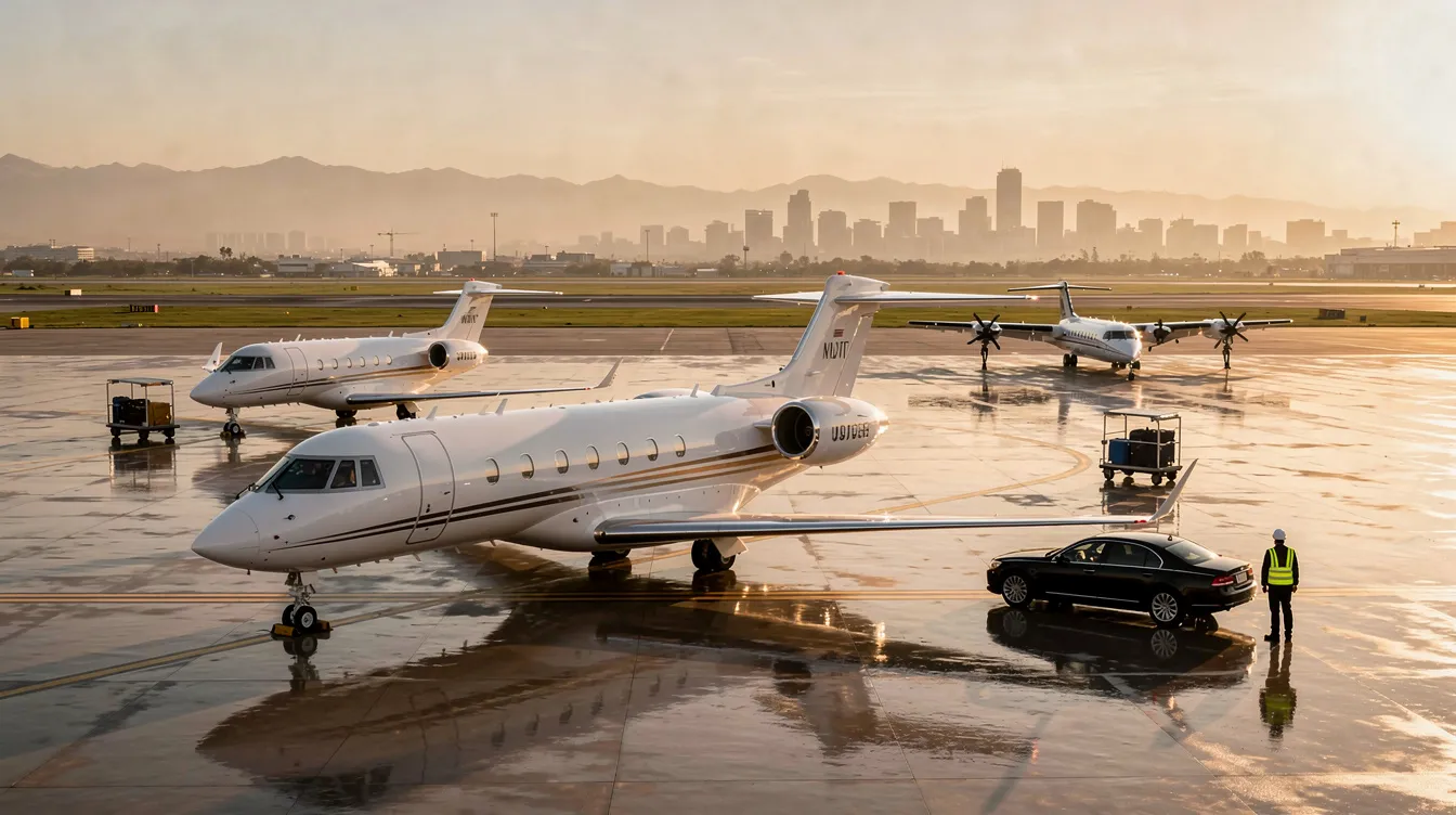 The image showcases a luxurious private jet interior featuring spacious cabins with lie flat beds, including a dedicated bedroom suite with a private bathroom, ideal for long haul flights. The elegant design offers a comfortable environment for passengers to relax and arrive refreshed at their destination.