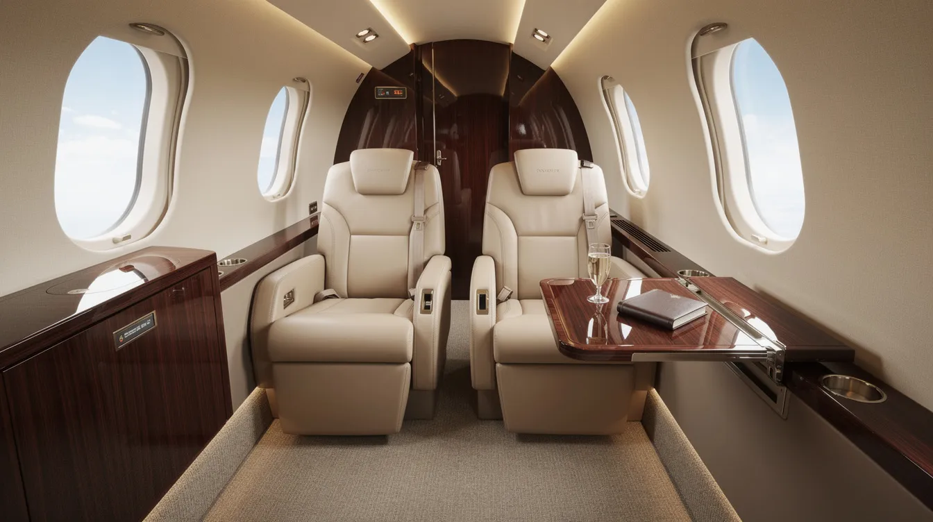 The image depicts the luxurious interior of a private jet cabin, featuring plush leather seats and elegant wood finishes that enhance the overall aesthetic of the space. This setting exemplifies the comfort and sophistication associated with private jet charters, offering a premium travel experience for passengers.
