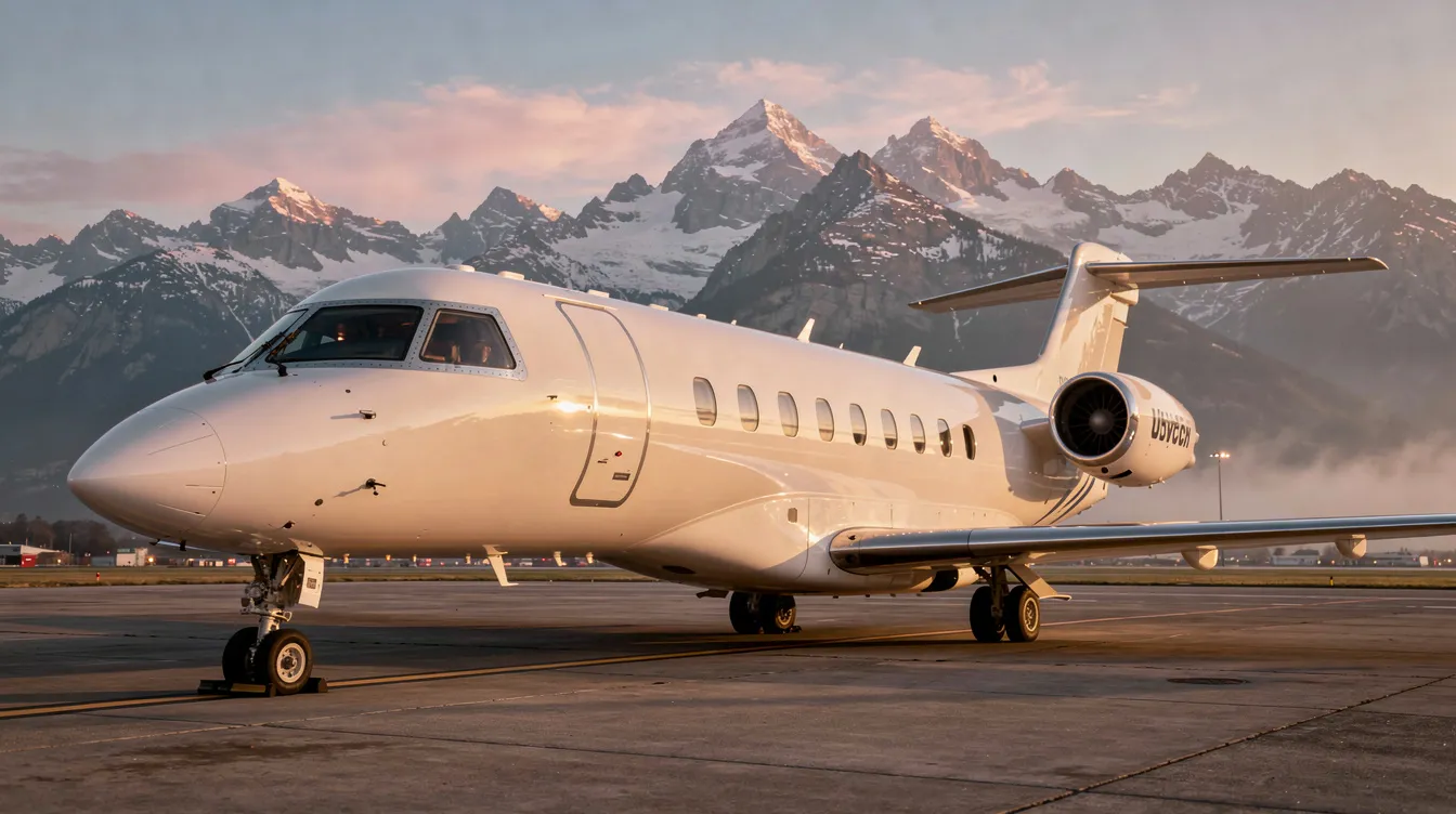 A private jet is parked on the tarmac at sunrise, with majestic mountains silhouetted in the background, symbolizing luxury air travel and the convenience of private flight. The scene captures the essence of a luxurious travel experience, perfect for business aviation or charter flights.