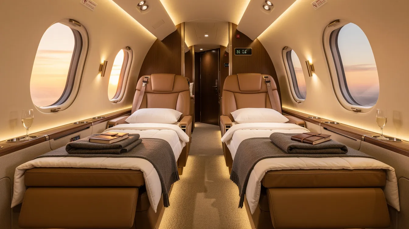 The image depicts a luxurious private jet cabin featuring lie-flat leather seats, designed for ultimate comfort with warm ambient lighting creating a cozy atmosphere. This elegant space offers comfortable sleeping arrangements, ideal for long haul flights, allowing passengers to enjoy a restful journey.
