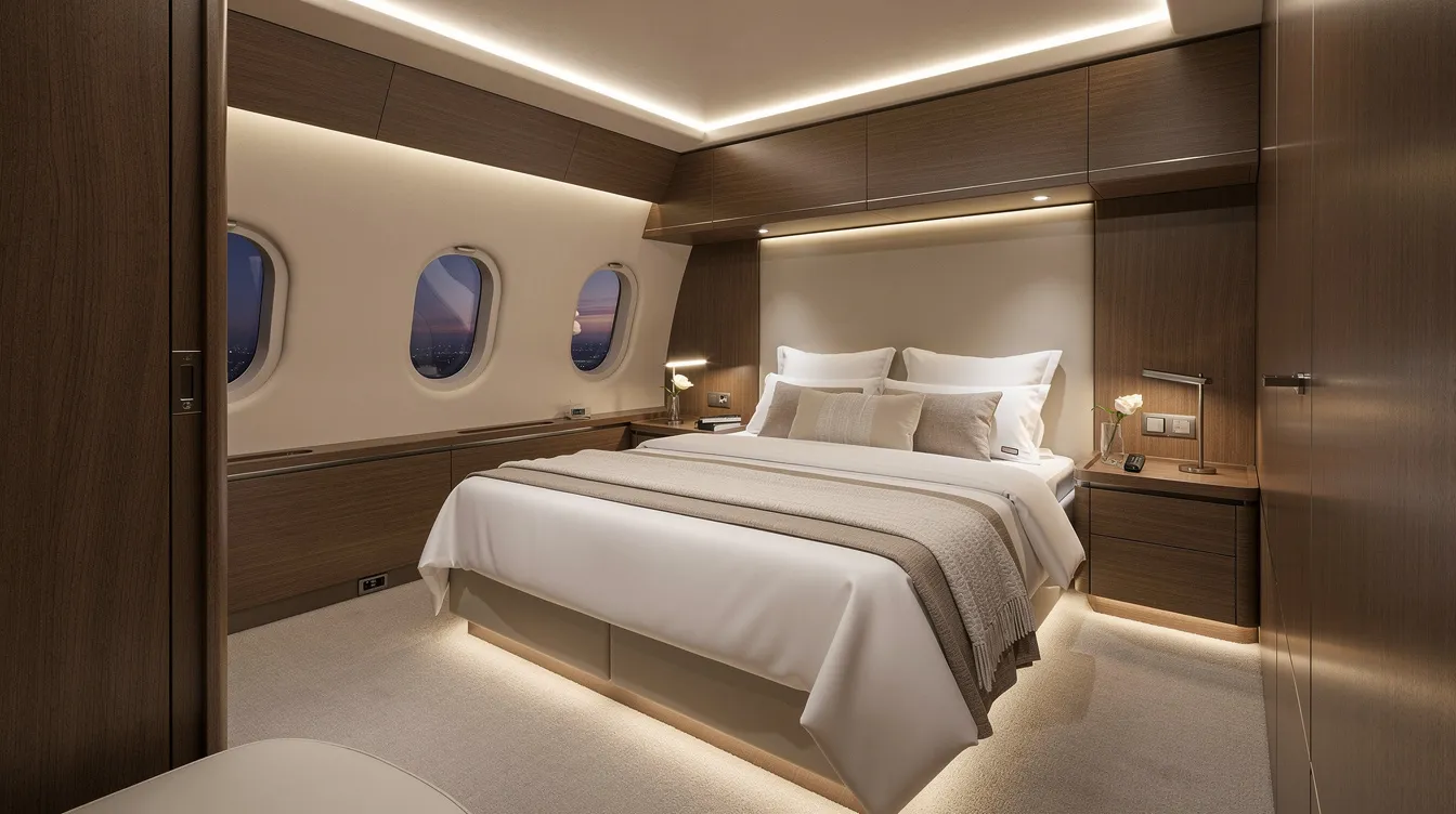 The image depicts a modern private jet bedroom featuring soft, adjustable lighting, a spacious double bed with plush bedding, and elegant wood-grain finishes, creating a comfortable environment for restful sleep during long haul flights. This dedicated bedroom suite exemplifies the luxury and comfort that private aviation offers, allowing passengers to arrive at their destination refreshed.
