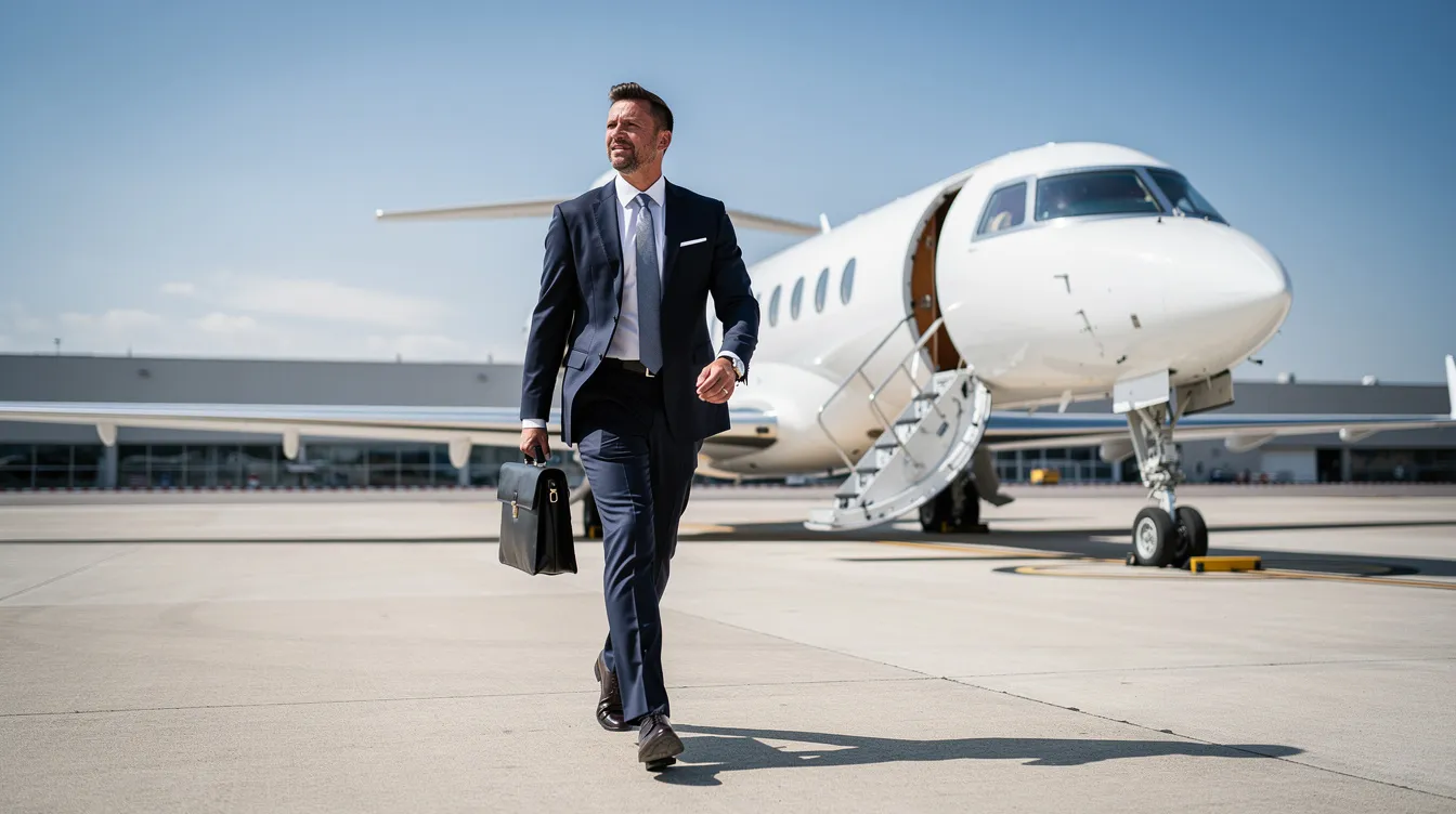 A business executive strides confidently toward the stairs of a private jet on a sunny day, showcasing the luxury and convenience of private jet travel. This scene highlights the appeal of private aviation, offering exclusive access and flexibility for discerning private jet travelers.