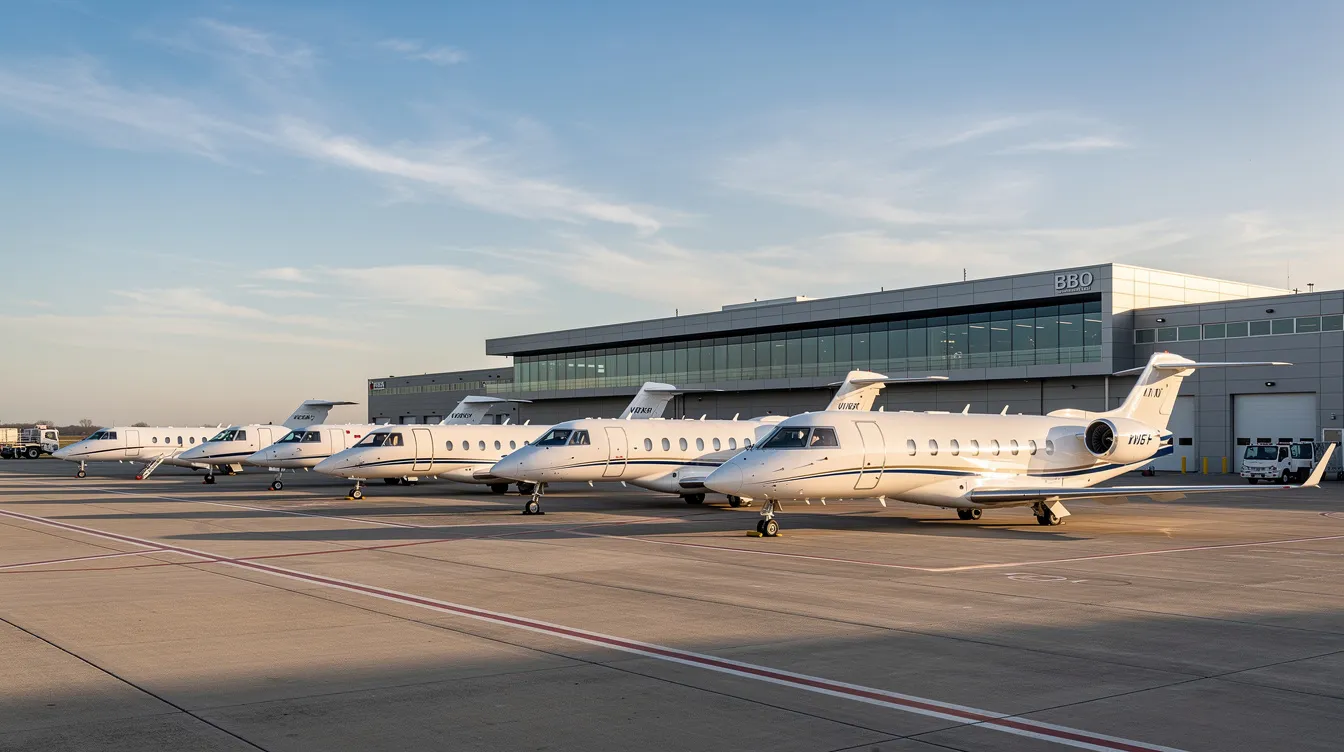 A row of various private jets, including light jets and heavy jets, is parked at a fixed base operator facility, showcasing a diverse fleet available for private jet travel. This scene highlights the luxury and convenience of private jet charter services for travelers seeking exclusive access to flexible scheduling and efficient air travel options.