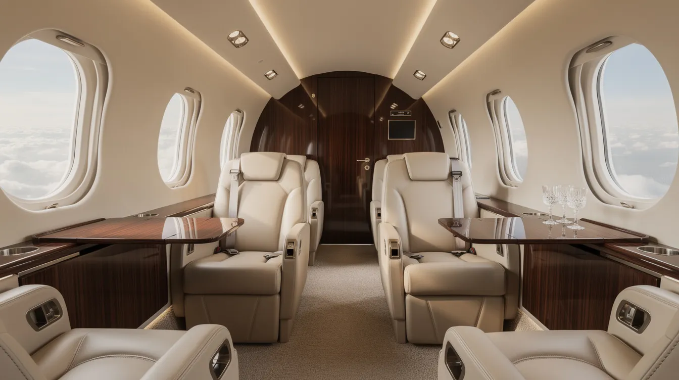 The image depicts a luxurious private jet interior featuring plush cream leather seats and elegant wood finishes, embodying the essence of private aviation and luxury air travel. This sophisticated setting is designed for private jet travelers seeking comfort and style during their flight.